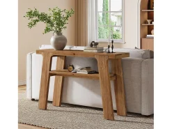 Mesa de entrada de consola de madera maciza, mesa de sofá pequeña rústica de 120 cm con almacenamiento de 2 niveles