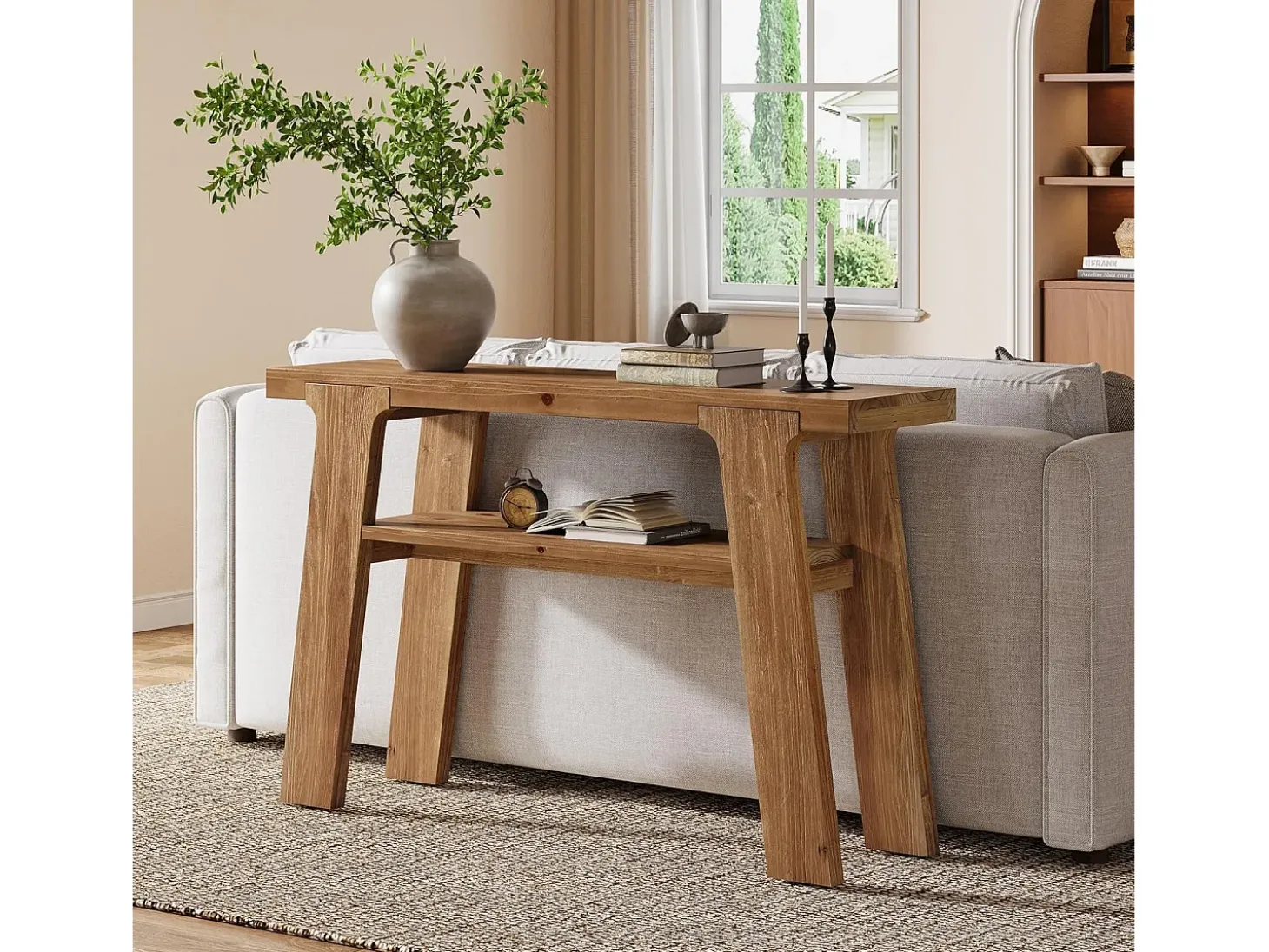 Mesa de entrada de consola de madera maciza, mesa de sofá pequeña rústica de 120 cm con almacenamiento de 2 niveles