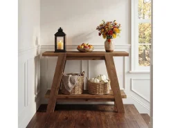 Mesa de entrada de madera maciza de 110 cm, mesa consola rústica de 2 niveles con almacenamiento
