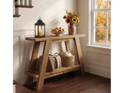 Mesa de entrada de madera maciza de 110 cm, mesa consola rústica de 2 niveles con almacenamiento
