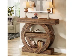 Mesa de entrada estrecha de tres niveles rústica con estantes de almacenamiento, mesa para sofá de 105 cm para colocar detrás del sofá