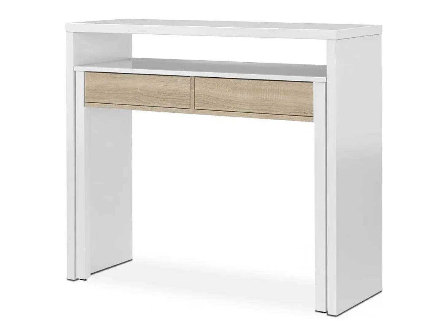Mesa de escritorio extensible Zira Blanco Artik (Blanco Mate) - Roble Canadian