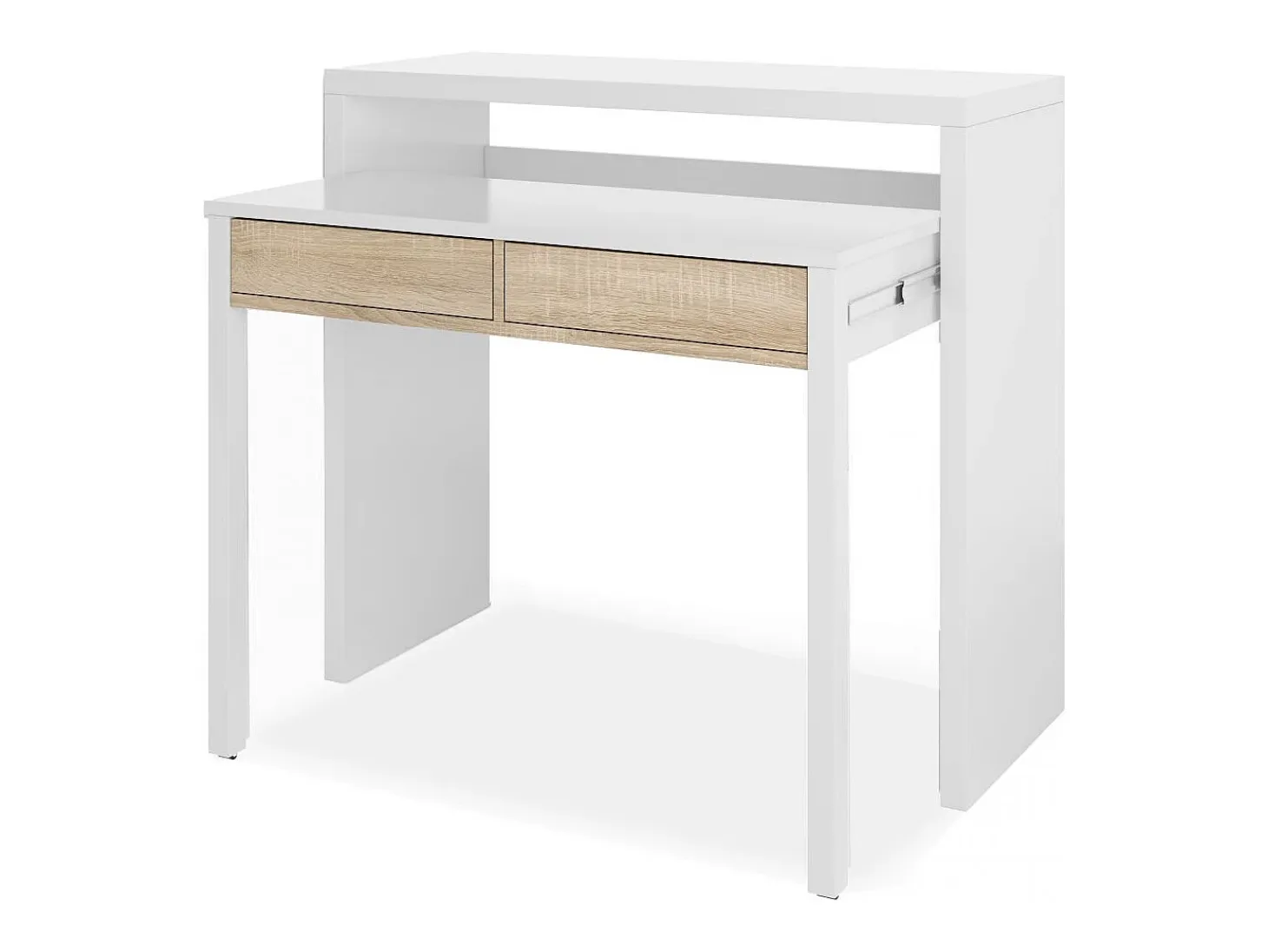 Mesa de escritorio extensible Zira Blanco Artik (Blanco Mate) - Roble Canadian