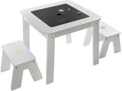 Mesa Infantil c/2 Taburetes Sup. Reversible Dormitorio Cuarto Juegos Blanco
