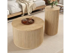 Mesa redonda doble - con tapas de madera natural - Mesa de centro - MDF - natural