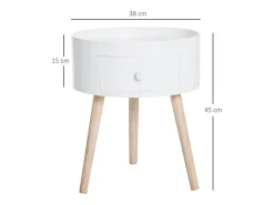 Mesita de noche, mesa auxiliar con tablero de borde elevado y patas de madera, φ38 x 45 cm, MDF + Madera