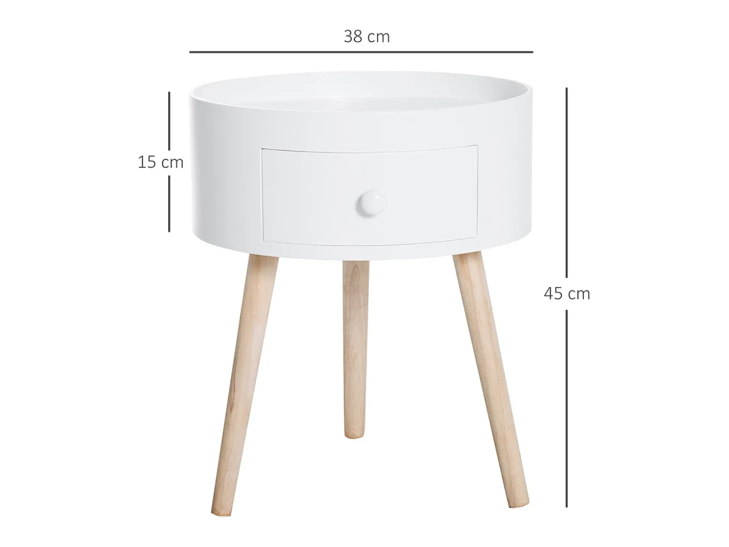 Mesita de noche, mesa auxiliar con tablero de borde elevado y patas de madera, φ38 x 45 cm, MDF + Madera