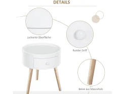 Mesita de noche, mesa auxiliar con tablero de borde elevado y patas de madera, φ38 x 45 cm, MDF + Madera