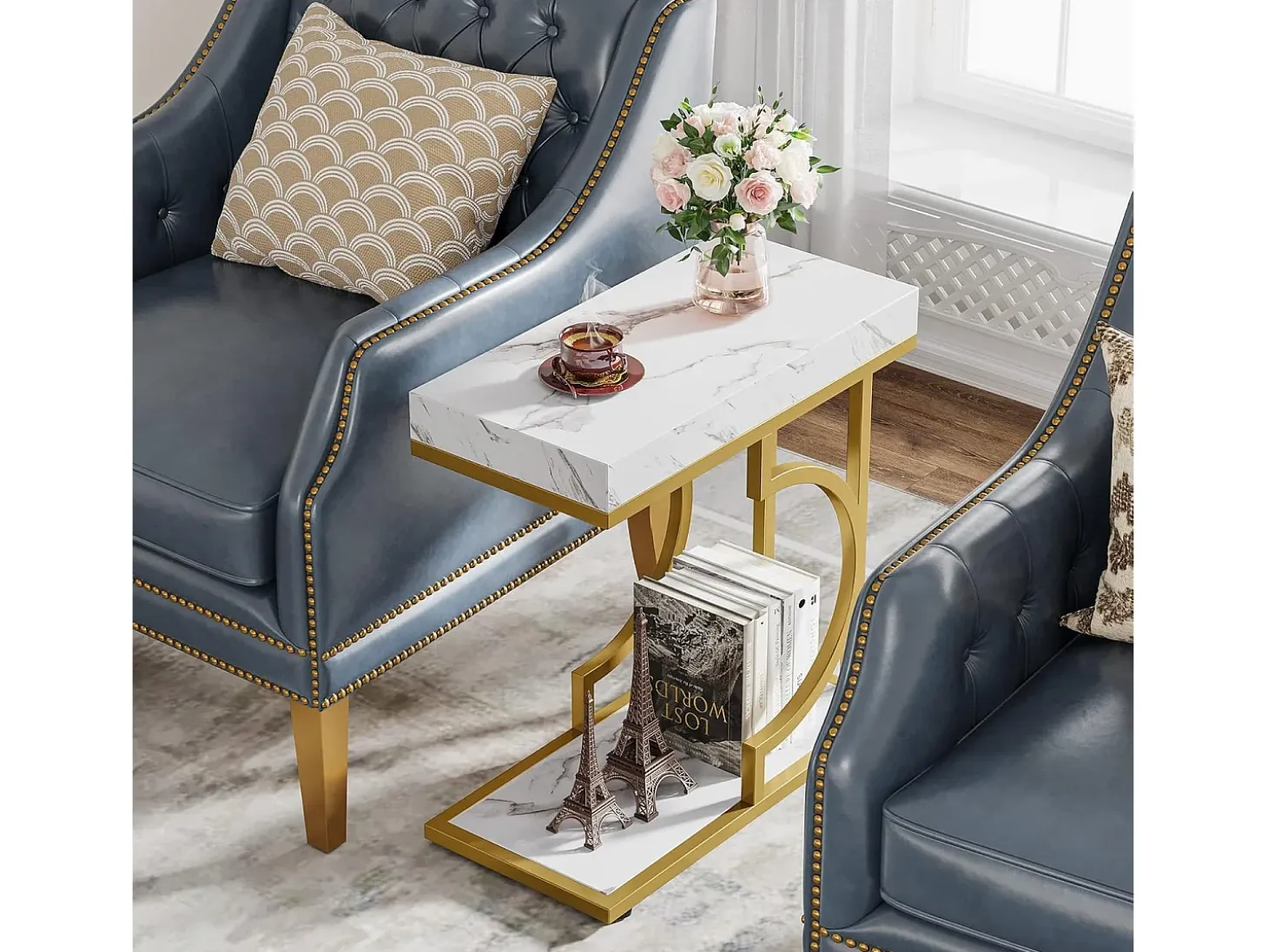 Mesita estrecha en Plata de ley - Mesita en forma de C - Mesa de noche moderna