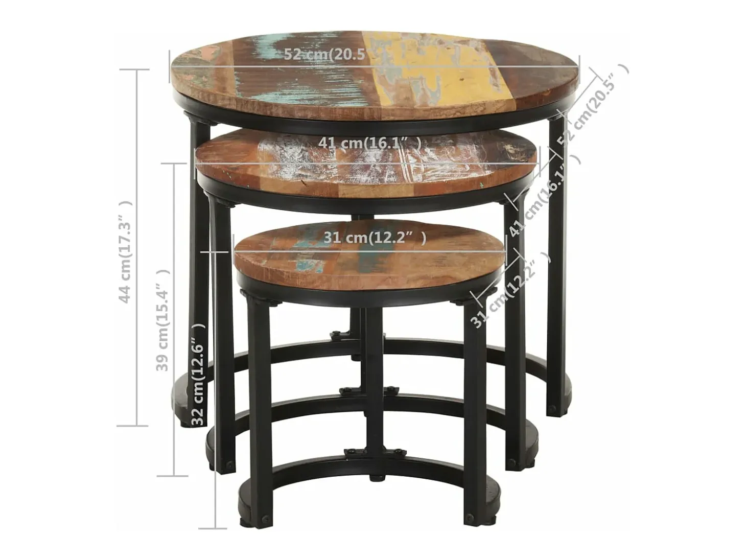 Mesitas auxiliares 3 piezas madera maciza reciclada