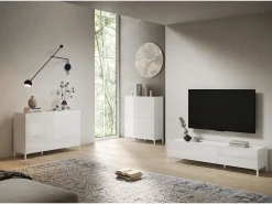 Meuble de TV 1 puerta abatible y 2 cajones 160x42x40 cm Solaria blanco brillante
