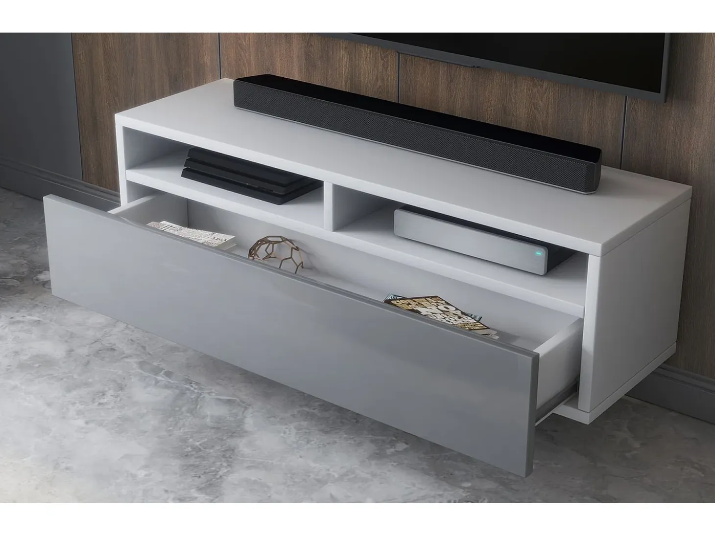Mobile TV con cassetto - bianco opaco / grigio lucido - 100 cm - REDNAW
