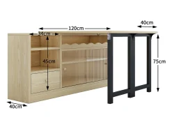 Mobiliario de bar, Buffet con mesa plegable retráctil - gran espacio de almacenamiento - Natural y Negro
