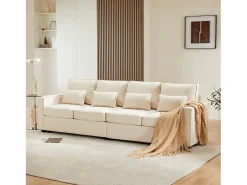 Moderno sofá de 4 plazas de lino beige con bolsillos laterales y 4 cojines: ideal para salón, oficina o apartamento