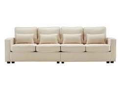 Moderno sofá de 4 plazas de lino beige con bolsillos laterales y 4 cojines: ideal para salón, oficina o apartamento