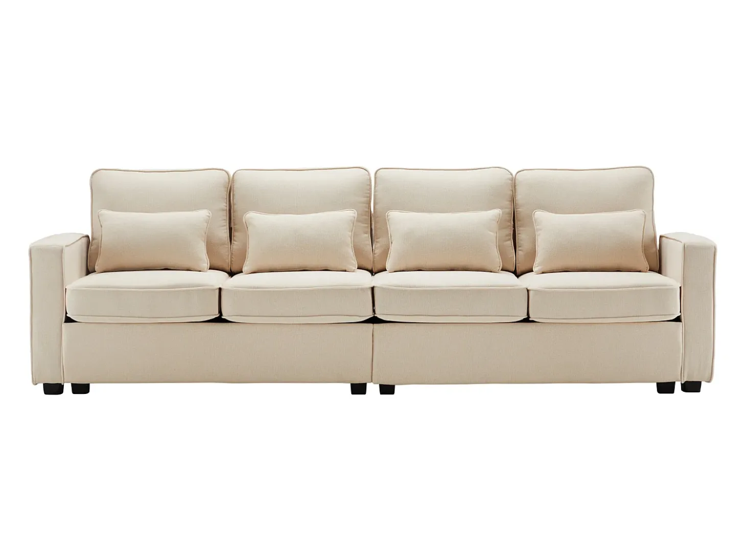 Moderno sofá de 4 plazas de lino beige con bolsillos laterales y 4 cojines: ideal para salón, oficina o apartamento