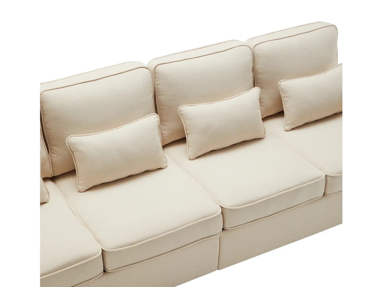 Moderno sofá de 4 plazas de lino beige con bolsillos laterales y 4 cojines: ideal para salón, oficina o apartamento