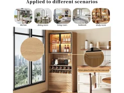 Mueble bar - 80 x 40 x 180 cm - con 2 puertas de cristal + LED + 2 puertas de madera - MDF - natural