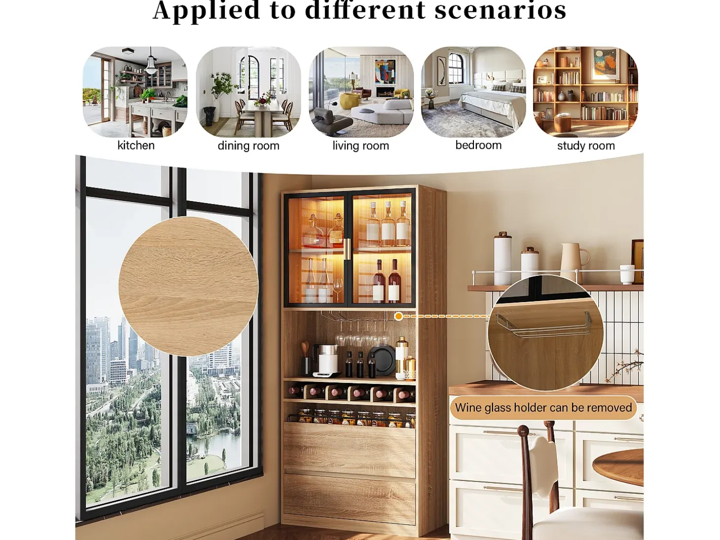 Mueble bar - 80 x 40 x 180 cm - con 2 puertas de cristal + LED + 2 puertas de madera - MDF - natural