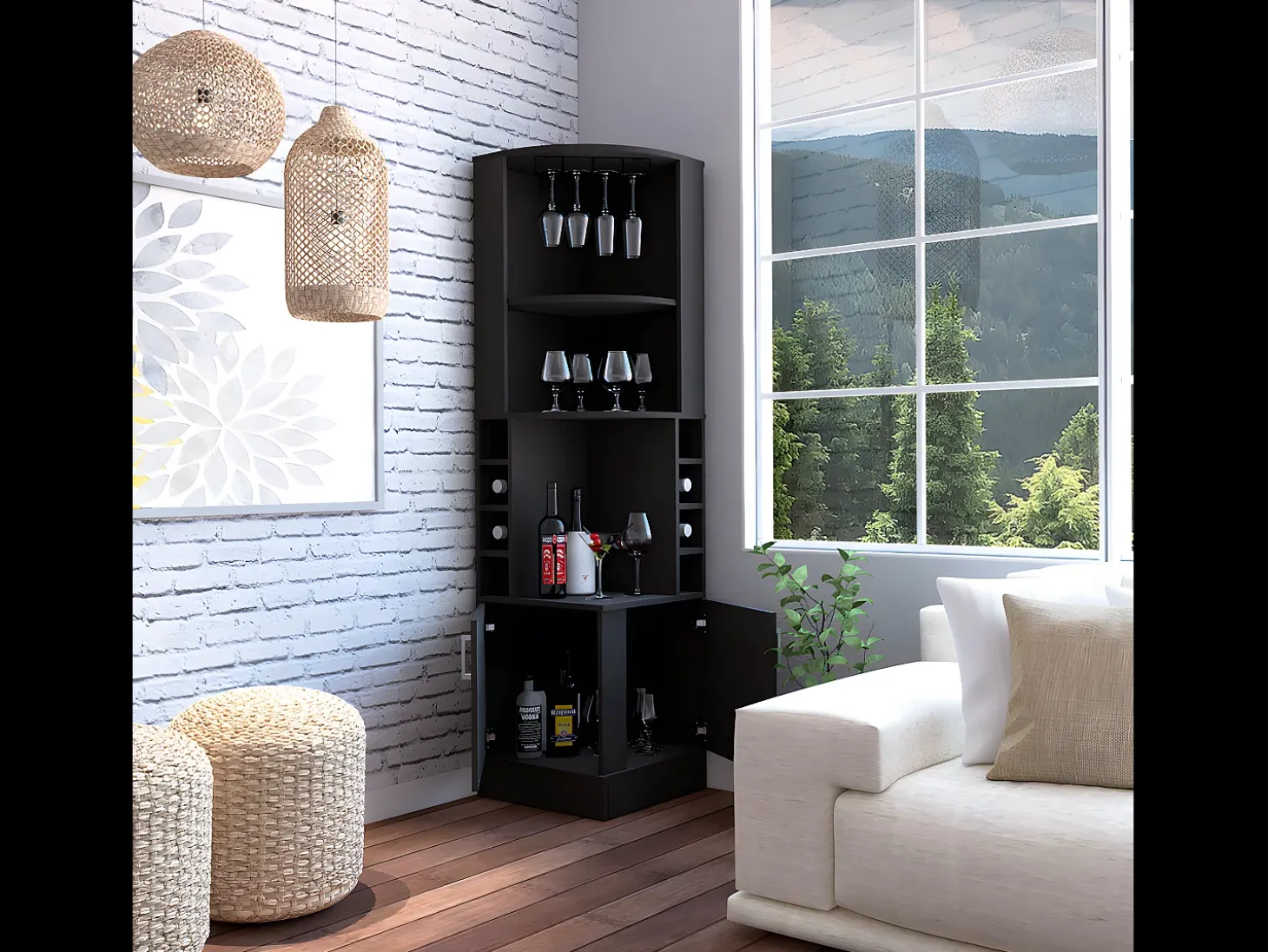 Mueble Bar Esquinero Kava Beijing, con botelleros 180.6CM A X 46.9CM An X 46.9CM P Wengue