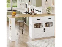 Mueble bar extensible - 138-204 x 39 x 104 cm - Mesa de comedor giratoria 360° - con 2 puertas + 1 cajón - MDF - blanco
