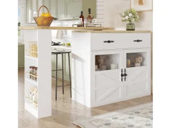 Mueble bar extensible - 138-204 x 39 x 104 cm - Mesa de comedor giratoria 360° - con 2 puertas + 1 cajón - MDF - blanco