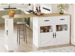 Mueble bar extensible - 138-204 x 39 x 104 cm - Mesa de comedor giratoria 360° - con 2 puertas + 1 cajón - MDF - blanco