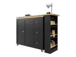 Mueble bar giratorio - 2 puertas, 2 cajones y estantes de almacenaje - 138/209 x 39 x 104 cm - Madera MDF y cristal - Negro + natural