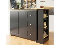 Mueble bar giratorio - 2 puertas, 2 cajones y estantes de almacenaje - 138/209 x 39 x 104 cm - Madera MDF y cristal - Negro + natural