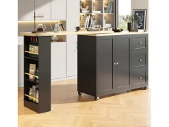 Mueble bar giratorio - 2 puertas, 2 cajones y estantes de almacenaje - 138/209 x 39 x 104 cm - Madera MDF y cristal - Negro + natural