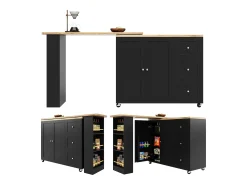 Mueble bar giratorio - 2 puertas, 2 cajones y estantes de almacenaje - 138/209 x 39 x 104 cm - Madera MDF y cristal - Negro + natural