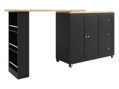 Mueble bar giratorio - 2 puertas, 2 cajones y estantes de almacenaje - 138/209 x 39 x 104 cm - Madera MDF y cristal - Negro + natural