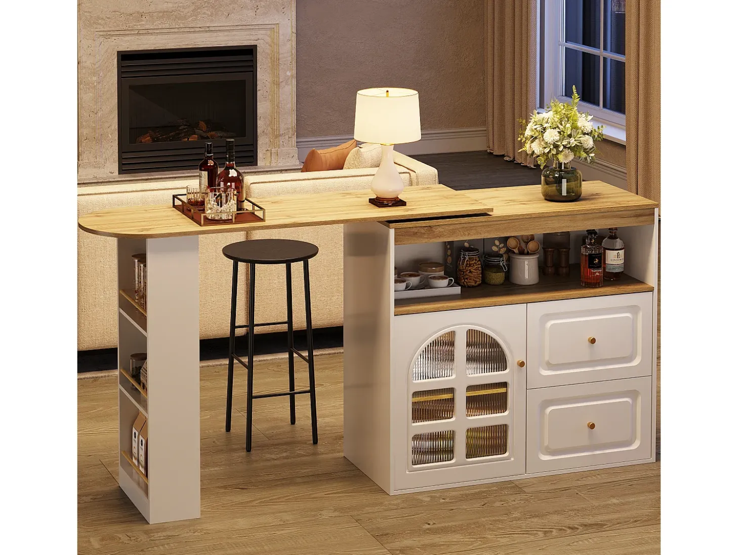 Mueble bar giratorio - 204 x 39 x 104 cm - con 2 cajones + 1 puerta + 3 estantes snack - MDF - blanco