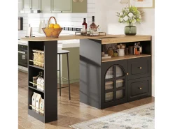 Mueble bar giratorio - 204 x 39 x 104 cm - con 2 cajones + 1 puerta + 3 estantes snack - MDF - negro