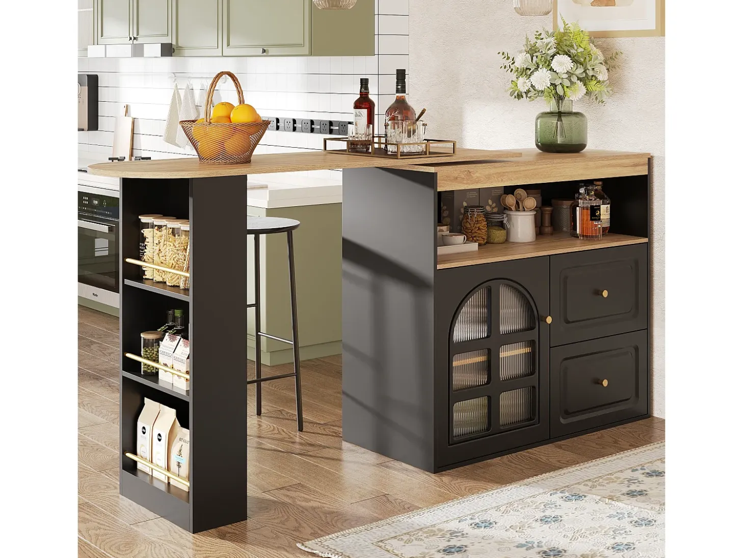 Mueble bar giratorio - 204 x 39 x 104 cm - con 2 cajones + 1 puerta + 3 estantes snack - MDF - negro