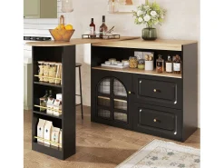 Mueble bar giratorio - 204 x 39 x 104 cm - con 2 cajones + 1 puerta + 3 estantes snack - MDF - negro
