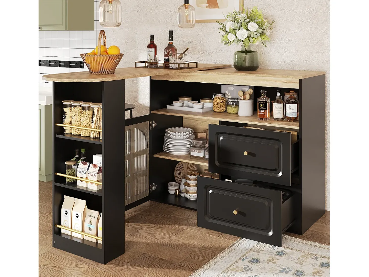 Mueble bar giratorio - 204 x 39 x 104 cm - con 2 cajones + 1 puerta + 3 estantes snack - MDF - negro