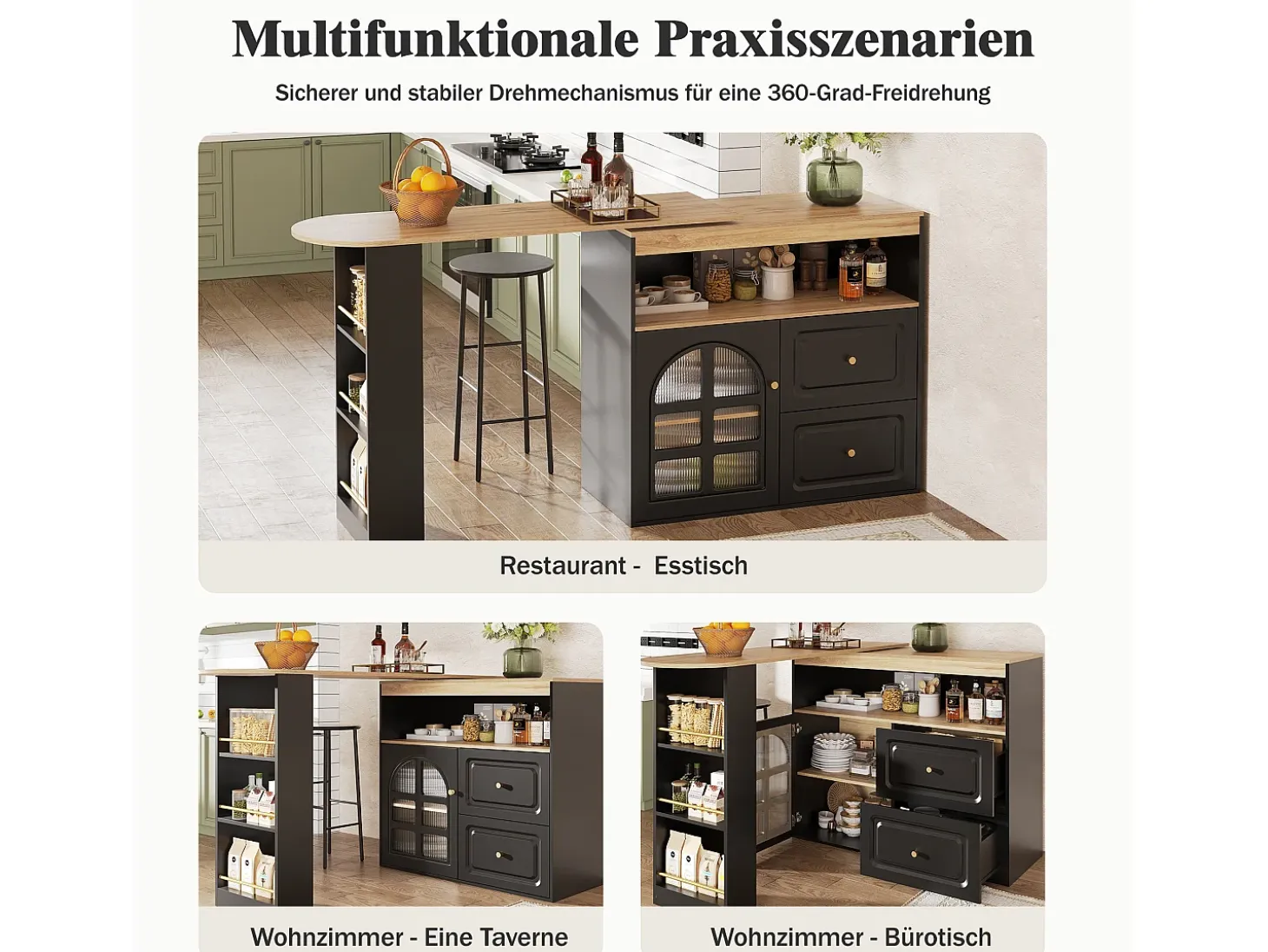 Mueble bar giratorio - 204 x 39 x 104 cm - con 2 cajones + 1 puerta + 3 estantes snack - MDF - negro