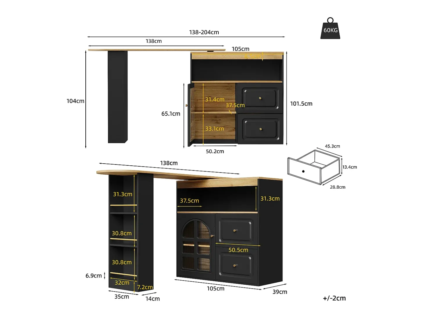 Mueble bar giratorio - 204 x 39 x 104 cm - con 2 cajones + 1 puerta + 3 estantes snack - MDF - negro
