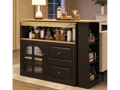 Mueble bar giratorio - Mesa de bar extensible con 2 cajones y 1 puerta de cristal - almacenamiento abierto - negro