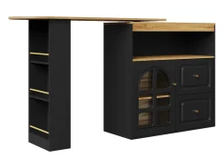 Mueble bar giratorio - Mesa de bar extensible con 2 cajones y 1 puerta de cristal - almacenamiento abierto - negro