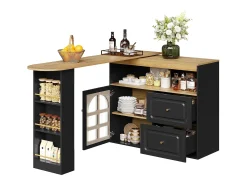 Mueble bar giratorio - Mesa de bar extensible con 2 cajones y 1 puerta de cristal - almacenamiento abierto - negro