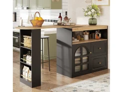 Mueble bar giratorio - Mesa de bar extensible con 2 cajones y 1 puerta de cristal - almacenamiento abierto - negro