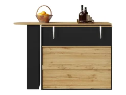 Mueble bar giratorio - Mesa de bar extensible con 2 cajones y 1 puerta de cristal - almacenamiento abierto - negro