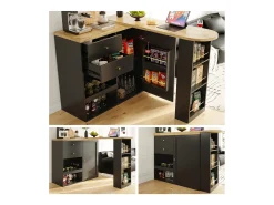 Mueble bar giratorio - una puerta, 2 cajones, 3 estantes y 2 nichos - Tapa efecto madera MDF - 138 cm/105x39x102 cm - Negro
