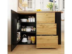 Mueble bar giratorio con 1 puerta y 3 cajones, estante lateral de tres niveles incluido, negro y natural claro - 204x39x104cm