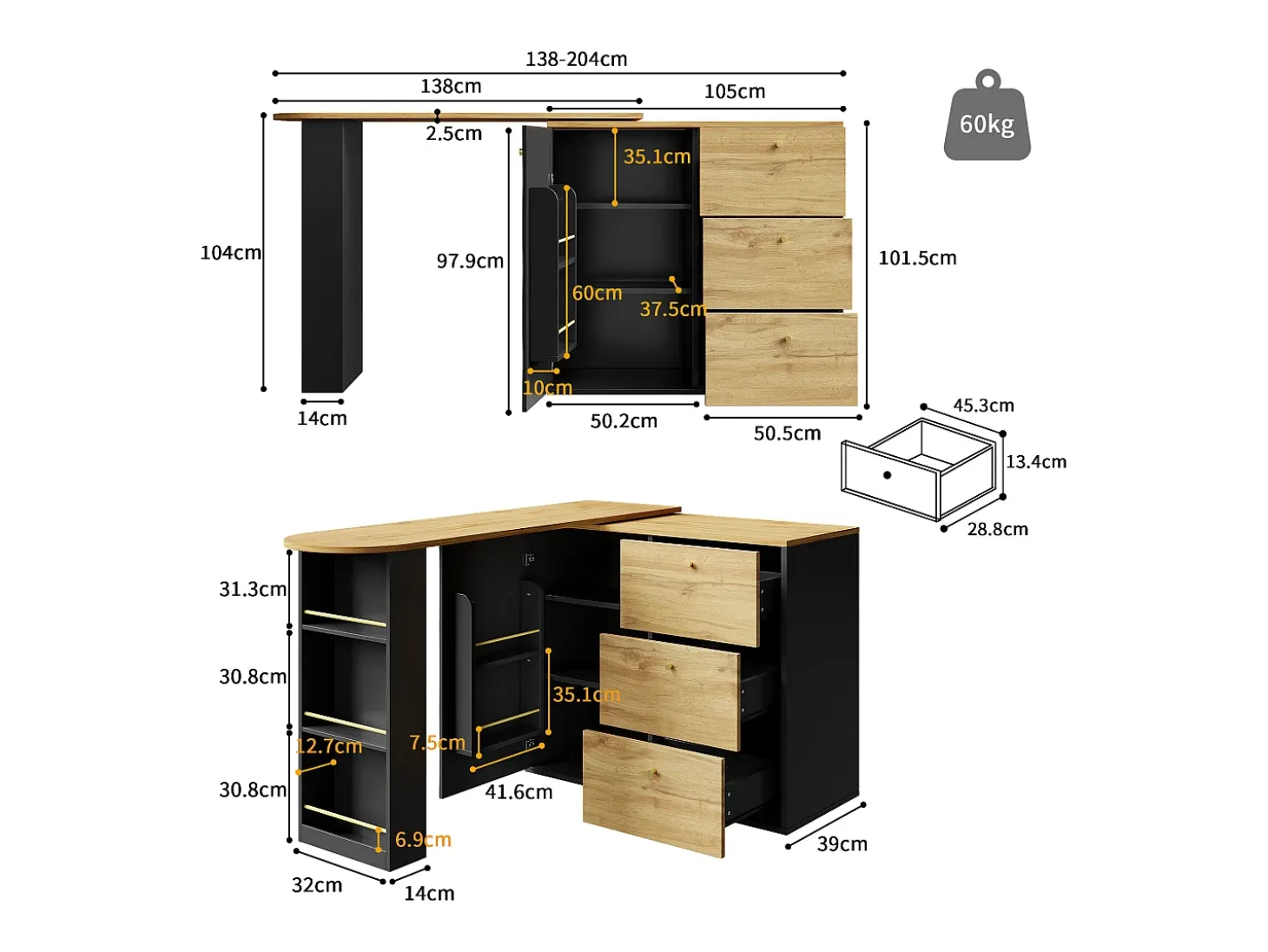 Mueble bar giratorio con 1 puerta y 3 cajones, estante lateral de tres niveles incluido, negro y natural claro - 204x39x104cm