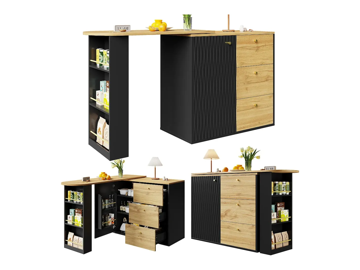 Mueble bar giratorio con 1 puerta y 3 cajones, estante lateral de tres niveles incluido, negro y natural claro - 204x39x104cm