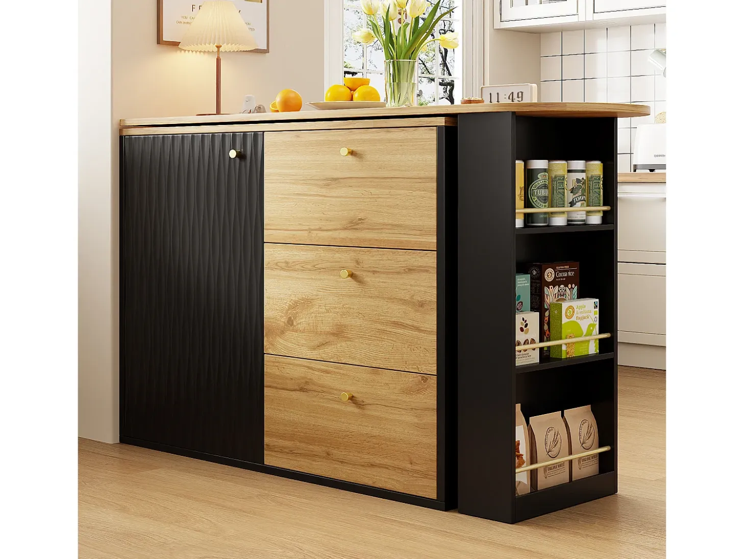 Mueble bar giratorio con 1 puerta y 3 cajones, estante lateral de tres niveles incluido, negro y natural claro - 204x39x104cm
