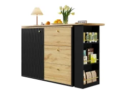 Mueble bar giratorio con 1 puerta y 3 cajones, estante lateral de tres niveles incluido, negro y natural claro - 204x39x104cm